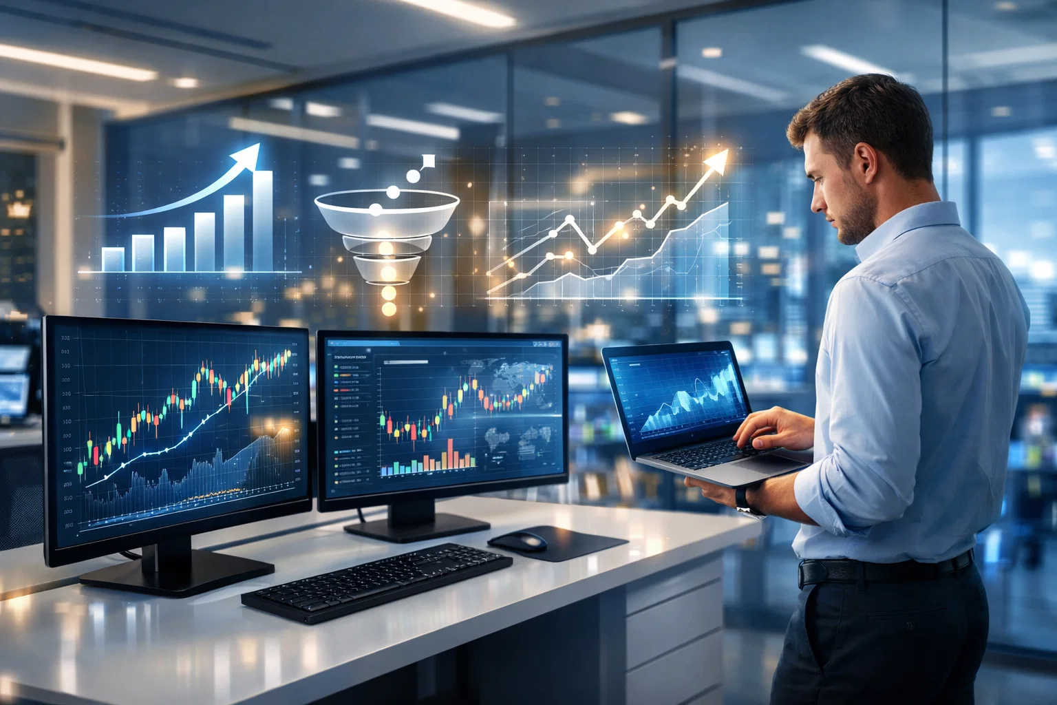 CFD forex broker SEO analytics dashboard with traffic growth charts and conversion metrics.