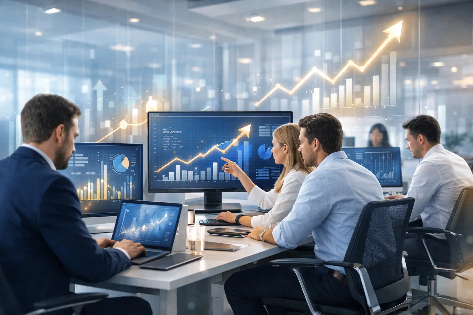 SEO agency team reviewing organic growth analytics and performance metrics on digital dashboards.