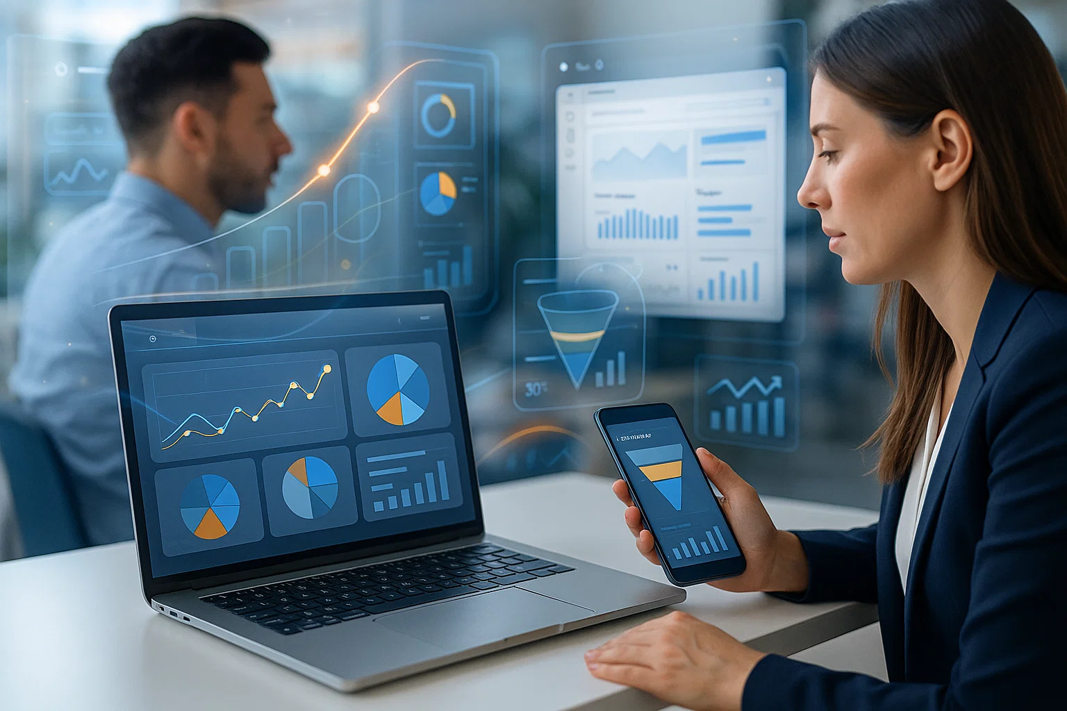 Team reviewing SEO web application analytics dashboard and performance metrics.